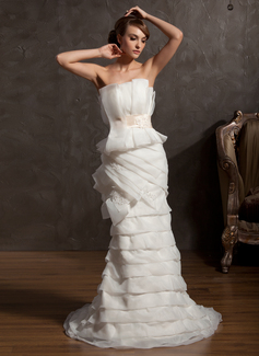 Sheath/Column Scalloped Neck Court Train Organza Satin Wedding Dress With Ruffle Lace Sashes Beadwork (002014914)