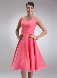 Empire Scoop Neck Tea-Length Organza Bridesmaid Dress With Ruffle (007001796)