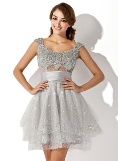 A-Line/Princess Scoop Neck Short/Mini Tulle Charmeuse Cocktail Dress With Ruffle Beading Sequins (016005838)