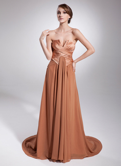 A-Line/Princess Scalloped Neck Court Train Chiffon Charmeuse Evening Dress With Ruffle (017014577)