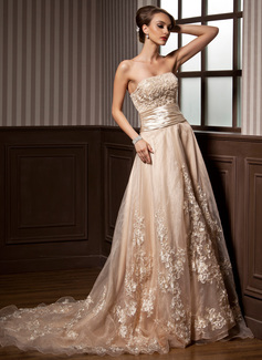 Corte A/Princesa Sin tirantes Cola corte Organza Satén Vestidos de novia con Volantes De encaje Bordado (002012639)