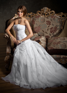 Corte A/Princesa Escote corazón Cola corte Organza Satén Vestidos de novia con Volantes Encaje Bordado (002012207)