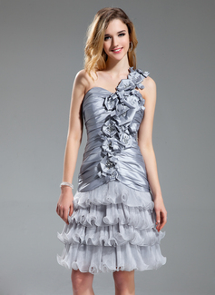 A-Line/Princess One-Shoulder Knee-Length Taffeta Organza Cocktail Dress With Ruffle Beading Flower(s) (016019710)