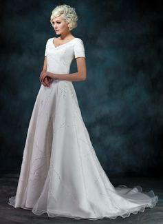 Vestidos princesa/ Formato A Decote V Cauda vassoura Organza Cetim Vestidos de noiva com Bordado Apliques (002000393)