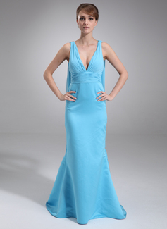 Sereia Decote V Cauda watteau Chifon cetim Vestido de madrinha com Pregueado (007004266)