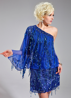 Tubo Um ombro Curto/ Mini Tecido de seda Tule Charmeuse Vestidos de cocktail com Bordado Lantejoulas (016019192)