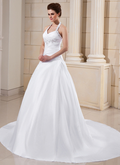 A-Line/Princess Halter Cathedral Train Taffeta Wedding Dress With Ruffle Lace Beadwork (002011754)