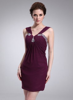 Sheath V-neck Short/Mini Chiffon Cocktail Dress With Ruffle Beading (016008575)