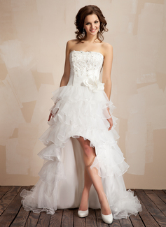 A-Linie/Princess-Linie Trägerlos Asymmetrisch Organza Satin Ballkleid mit Spitze Perlen verziert Blumen (018009449)