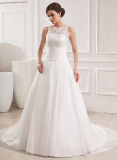 Ball-Gown Scoop Neck Chapel Train Chiffon Satin Wedding Dress With Ruffle Lace (002019534)