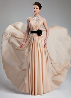 A-Line/Princess Halter Floor-Length Chiffon Prom Dress With Ruffle Sash Beading Flower(s) (018019734)