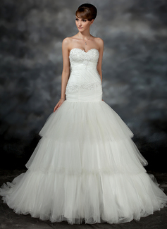 Stile sirena A cuore Coda a strascico corto raso Tulle Abito per matrimonio con Increspature Pizzo (002017196)