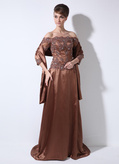 A-Line/Princess Off-the-Shoulder Sweep Train Tulle Charmeuse Mother of the Bride Dress With Lace Beading Sequins (008006171)