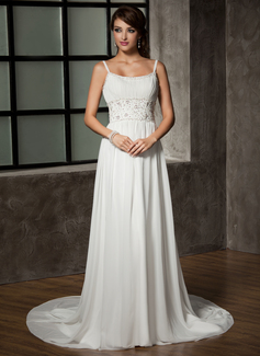 A-Line/Princess Scoop Neck Chapel Train Chiffon Wedding Dress With Ruffle Beadwork Sequins (002011441)