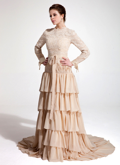 A-Line/Princess High Neck Court Train Chiffon Lace Evening Dress With Ruffle (017020660)