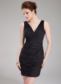 Sheath V-neck Short/Mini Chiffon Cocktail Dress With Ruffle (016021066)