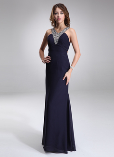 Tubo Decote V Vestidos longo Tecido de seda Vestidos de festa com Pregueado Bordado (017016868)