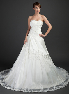 Ball-Gown Sweetheart Chapel Train Tulle Charmeuse Wedding Dress With Ruffle Lace Beadwork (002015372)