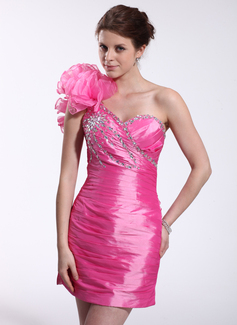 Sheath One-Shoulder Short/Mini Taffeta Organza Cocktail Dress With Ruffle Beading (016026266)