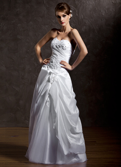 A-Line/Principessa A cuore Al pavimento Taffeta Tulle Abito per matrimonio con Increspature Pizzo Perline Fiori (002022509)