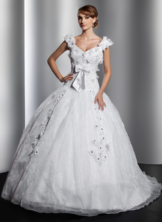Palloncino Scollatura a V Sweep treno Organza Raso Abiti per matrimonio con Pizzo Perline Fiori (002014812)