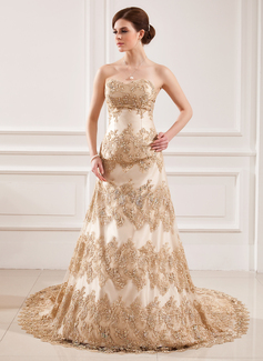 A-Line/Princess Sweetheart Court Train Satin Lace Wedding Dress With Beadwork Sequins (002011432)