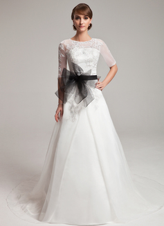 Vestidos princesa/ Formato A Decote redondo Cauda corte Organza Renda Vestidos de noiva com Cintos Bordado (002004752)