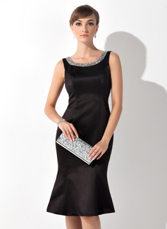 Sheath Scoop Neck Knee-Length Satin Mother of the Bride Dress With Beading (008015138)