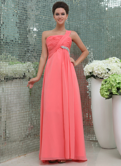 Impero Monospalla Al pavimento Chiffon Abito da damigella con Increspature Perline (007017307)