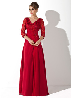 A-Line/Princess V-neck Floor-Length Chiffon Mother of the Bride Dress With Ruffle Lace Beading Sequins (008006076)