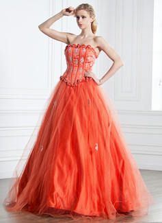 A-Line/Princess Strapless Floor-Length Satin  Tulle Prom Dresses With Lace  Beading (018005242)