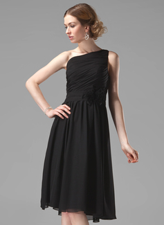 A-Line/Princess One-Shoulder Knee-Length Chiffon Bridesmaid Dress With Ruffle Flower(s) (007004118)