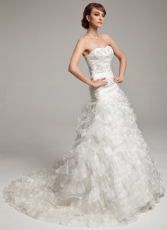A-Line/Princess Sweetheart Court Train Organza Wedding Dress With Ruffle Beadwork (002017533)