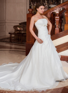 Ball-Gown Strapless Cathedral Train Organza Satin Wedding Dress With Ruffle Beadwork (002001262)