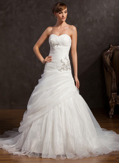 A-Line/Princess Sweetheart Chapel Train Organza Satin Wedding Dress With Ruffle Beadwork Sequins (002015159)