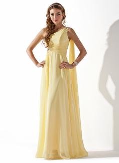 A-linjeformat One-Shoulder Golvlång Chiffon Festklänningar med Rufsar Pärlbrodering (020013793)