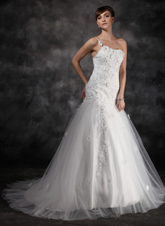 A-Line/Princess One-Shoulder Court Train Tulle Charmeuse Wedding Dress With Ruffle Lace Beadwork Flower(s) (002016946)