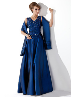 A-formet/Prinsesse V-hals Gulv lengde Taft Kjole til brudens mor med Blonde Beading Paljetter (008013955)