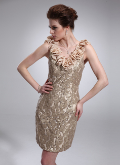 Sheath V-neck Knee-Length Chiffon Charmeuse Sequined Cocktail Dress With Flower(s) (016019541)