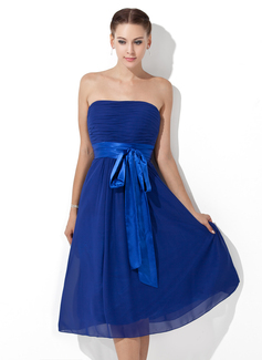 Empire Strapless Tea-Length Chiffon Charmeuse Bridesmaid Dress With Ruffle Sash (007000839)