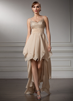 Empire V-neck Asymmetrical Chiffon Satin Homecoming Dress With Ruffle Beading (022009956)