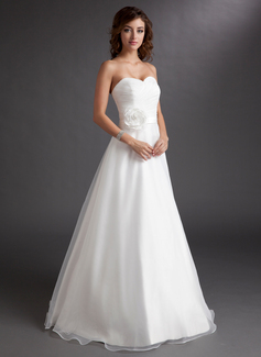 A-Line/Princess Sweetheart Floor-Length Organza Satin Wedding Dress With Ruffle Flower(s) (002016728)