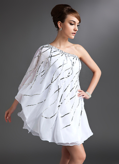 Sheath One-Shoulder Short/Mini Chiffon Cocktail Dress With Beading Sequins (016021153)