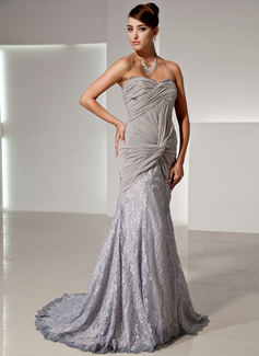 Mermaid Sweetheart Court Train Chiffon Lace Evening Dress With Ruffle (017014446)