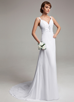 A-Lijn/Prinses V-nek Lange Sleep Chiffon Bruidsjurken met Roes Kraalwerk (002012150)