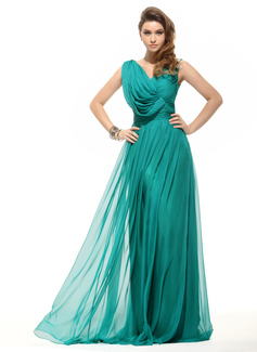 Vestidos princesa/ Formato A Decote V Vestidos longo Chifon Vestido de Férias com Pregueado Beading (020016061)