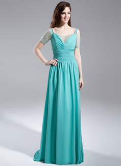 A-Line/Princess Off-the-Shoulder Sweep Train Chiffon Organza Prom Dress With Ruffle Beading (018015896)