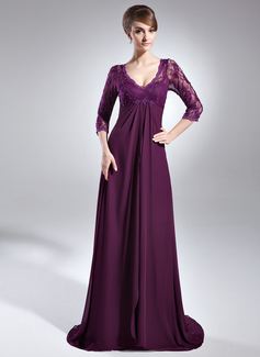 Empire V-neck Sweep Train Chiffon Charmeuse Lace Mother of the Bride Dress With Beading (008006147)