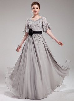 A-Linie/Princess-Linie V-Ausschnitt Bodenlang Chiffon Charmeuse Abendkleid mit Schärpe Perlen verziert Blumen Paillette (017019724)