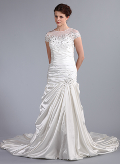 Stile sirena Tondo Coda a strascico cattedrale raso Tulle Abito per matrimonio con Increspature pizzi Perline Paillettes (002025338)